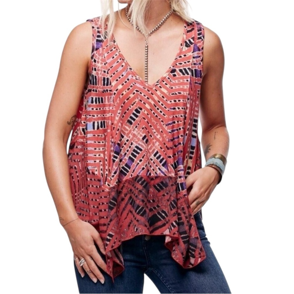 Free People Day Dreamer Chiffon Trim Asymmetrical Geometric Flowy Tank Top 0052